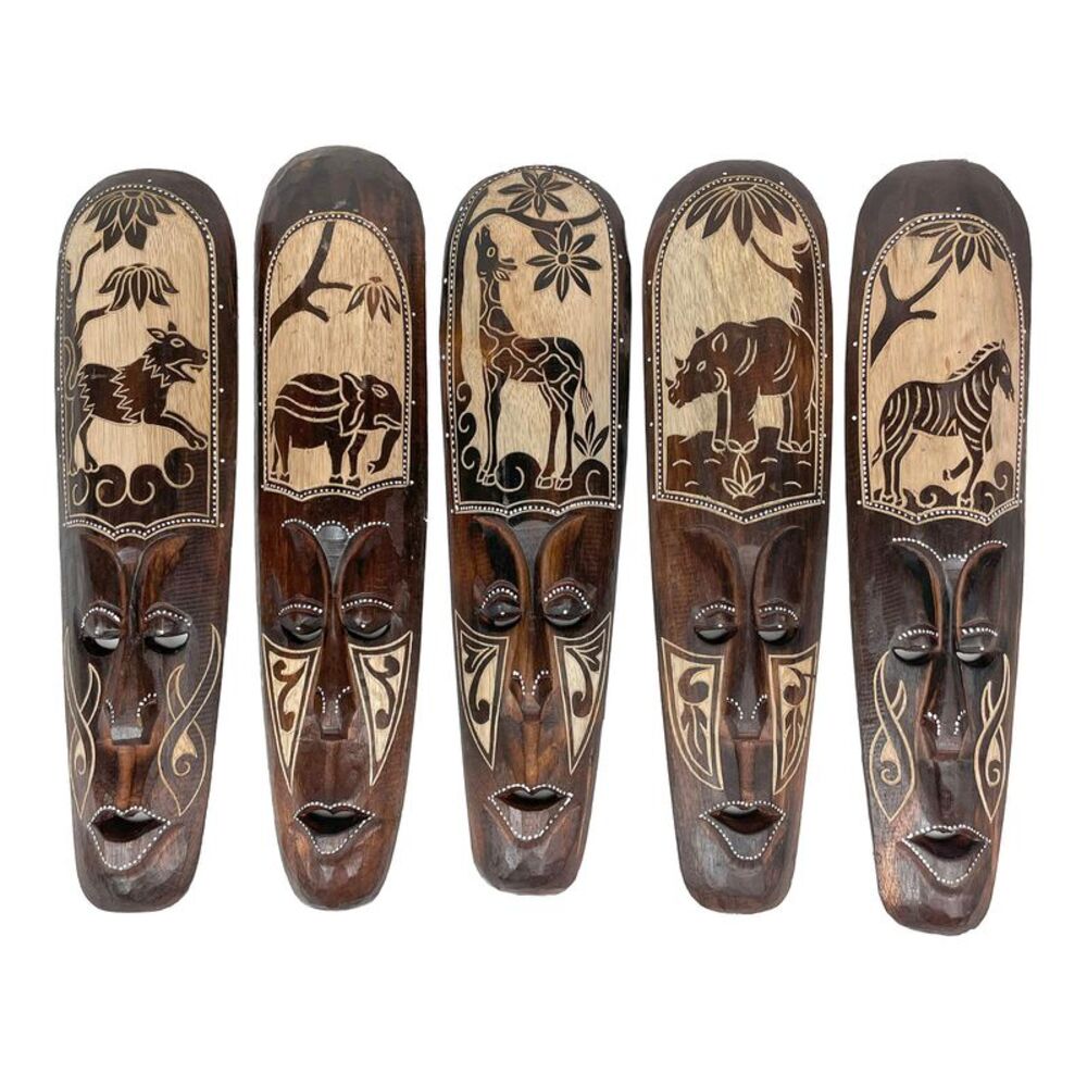 Set of 5 African Animal Hand Carved Wooden Wall Masks